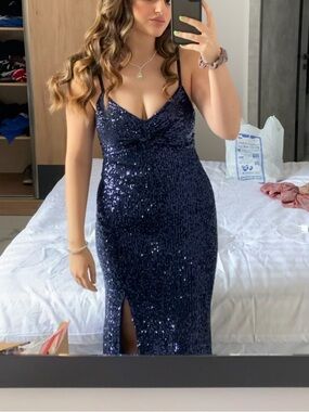 Calvin Klein Sequin Navy Blue Evening Dress with Front Slit